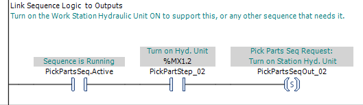 CODESYS V3.5 ladder diagram showing a Sequence Step latching a call to turn on the workstation hydraulic unit.