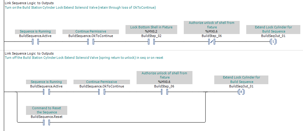 CODESYS V3.5 ladder diagram showing adjacent SET and RESET rungs for a latched sequence command.