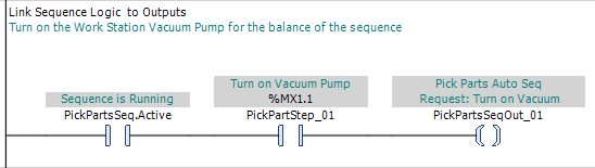 CODESYS V3.5 ladder diagram showing a sequence machine-function call maintained until Sequence Active resets.