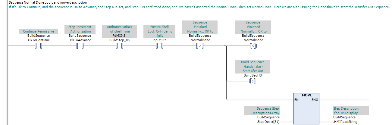 PLC ladder logic showing the standard PLC Pro method for establishing Normal Done.