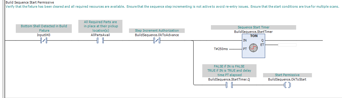 CODESYS V3.5 ladder diagram showing OK to Start established after the required start or restart conditions remain true through a timer preset.