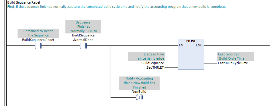 CODESYS V3.5 ladder diagram capturing completed cycle information before the sequence state is cleared.