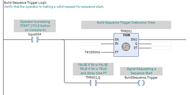 CODESYS V3.5 ladder diagram showing an operator cycle-start input timed before establishing a sequence Trigger.