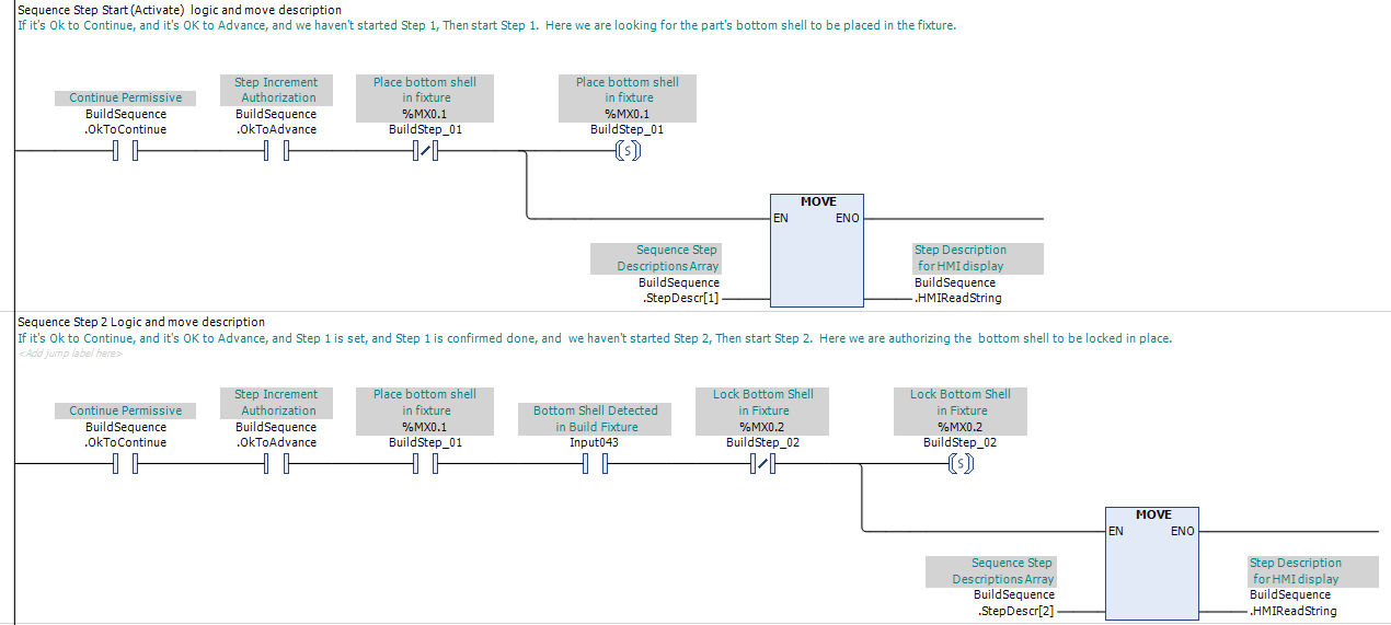 PLC ladder logic showing the standard PLC Pro method for establishing Sequence Step 1 and Sequence Step 2.