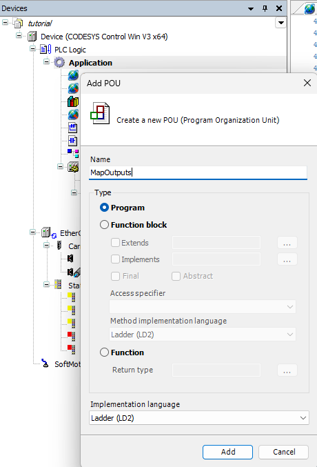 CODESYS Add POU dialog showing MapOutputs created as a Program using Ladder LD2 beneath the Application.