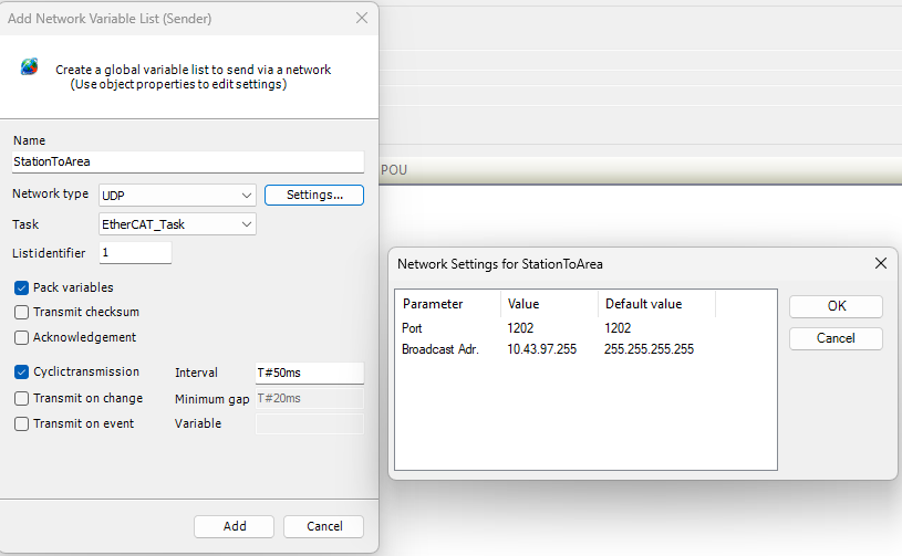 CODESYS Network Variable List Sender configuration for StationToArea using UDP communication.