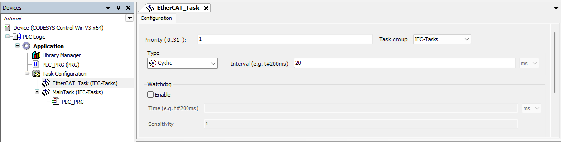 CODESYS project with the EtherCAT task added and its configuration displayed.