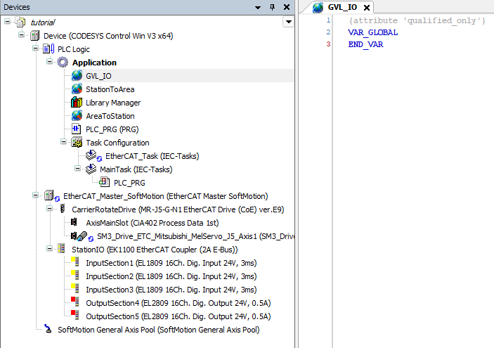 CODESYS project tree showing the GVL_IO Global Variable List added beneath the Application.