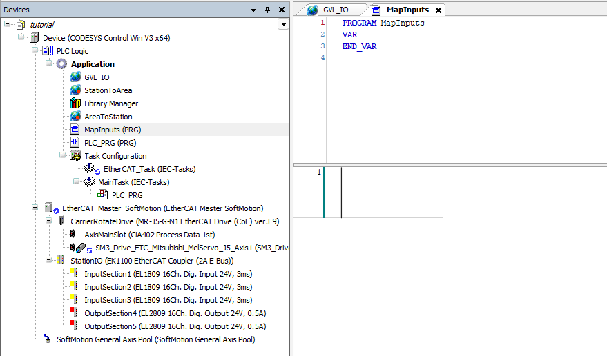 CODESYS project showing the MapInputs Program POU added beneath the Application with a blank Ladder implementation.