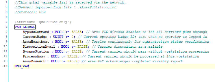 CODESYS AreaToStation network variable list showing the variables received from the Area Controller.