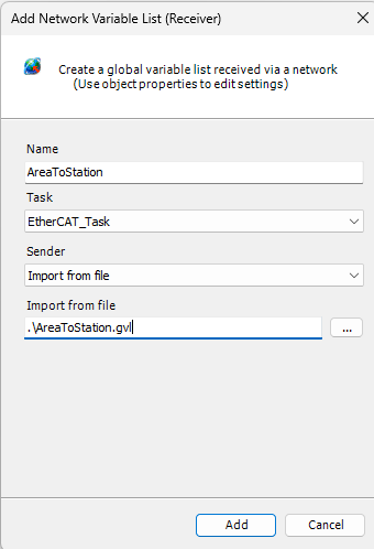 CODESYS Network Variable List Receiver configuration importing the AreaToStation GVL file.