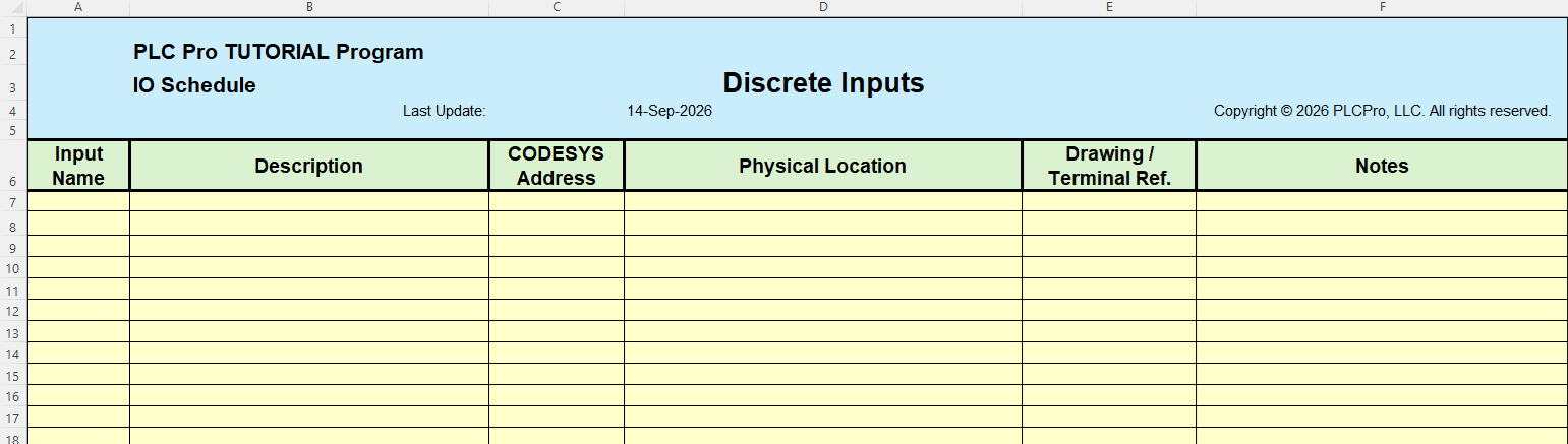 Blank Inputs worksheet for the PLC Pro tutorial IO Schedule.
