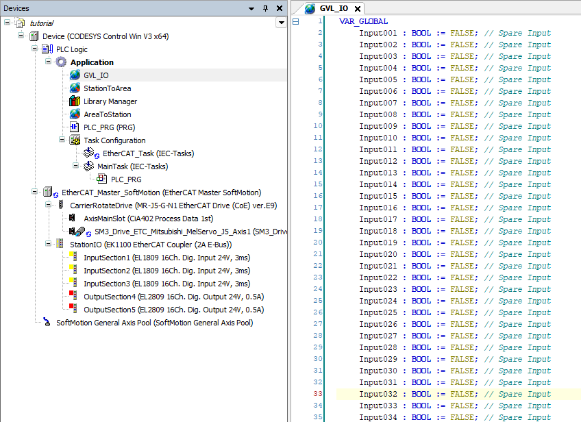 CODESYS GVL_IO showing the workstation mapped input variables declared as individual Boolean globals.