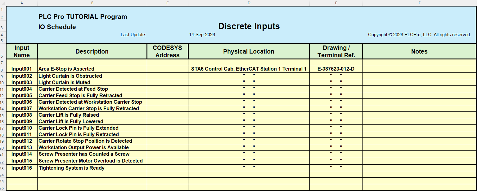 Discrete Inputs worksheet populated from the first workstation electrical drawing.