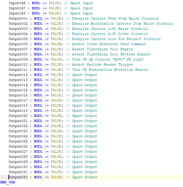 CODESYS GVL_IO showing the workstation output variables added below the mapped input variables.