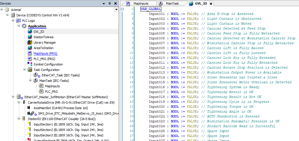 CODESYS GVL_IO showing the assigned workstation input variables updated with descriptions from the IO Schedule.