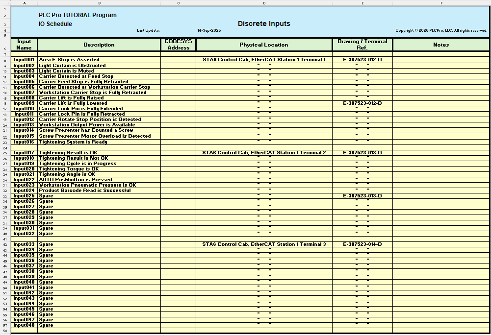 First complete pass of the workstation Discrete Inputs worksheet based on the electrical drawings.