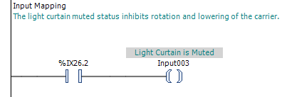 CODESYS input mapping rung showing the light curtain muting-status input mapped directly to Input003.