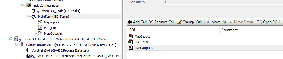 CODESYS MainTask configuration showing MapInputs first, PLC_PRG next, and MapOutputs last.
