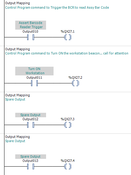 CODESYS output mapping showing the final assigned workstation outputs followed by mapped spare output points.