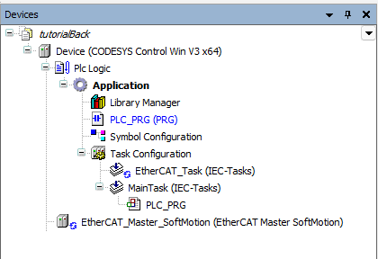 CODESYS project tree showing EtherCAT Master SoftMotion added beneath the Device.