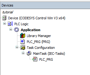 Initial CODESYS Standard project tree for the PLC Pro tutorial workstation.