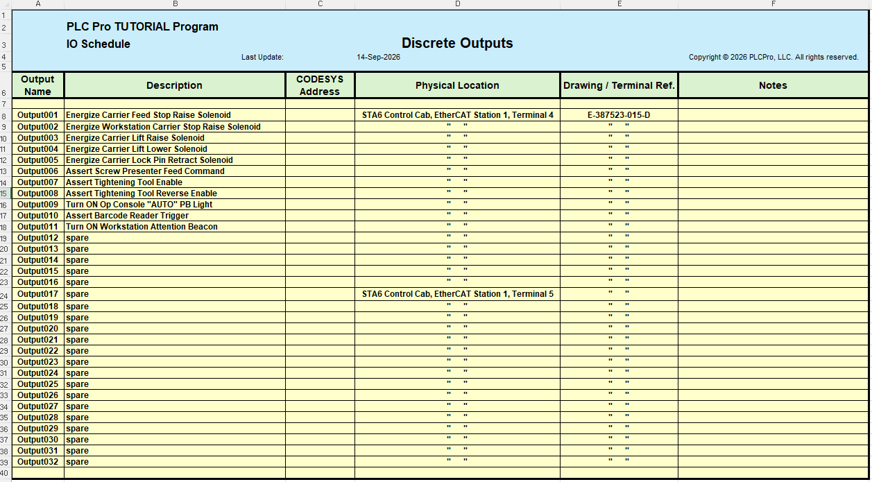First complete pass of the workstation Discrete Outputs worksheet based on the electrical drawings.