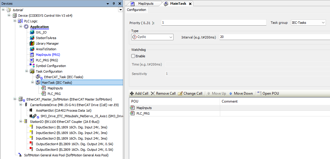 CODESYS MainTask configuration showing MapInputs first in the program-call scan order ahead of PLC_PRG.
