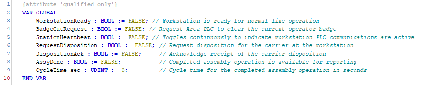 CODESYS StationToArea global variable list defining the workstation data sent to the Area Controller.